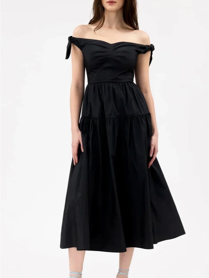 Tanya Taylor Off-Shoulder Black Midi Dress - Elegant Women's Party Dress